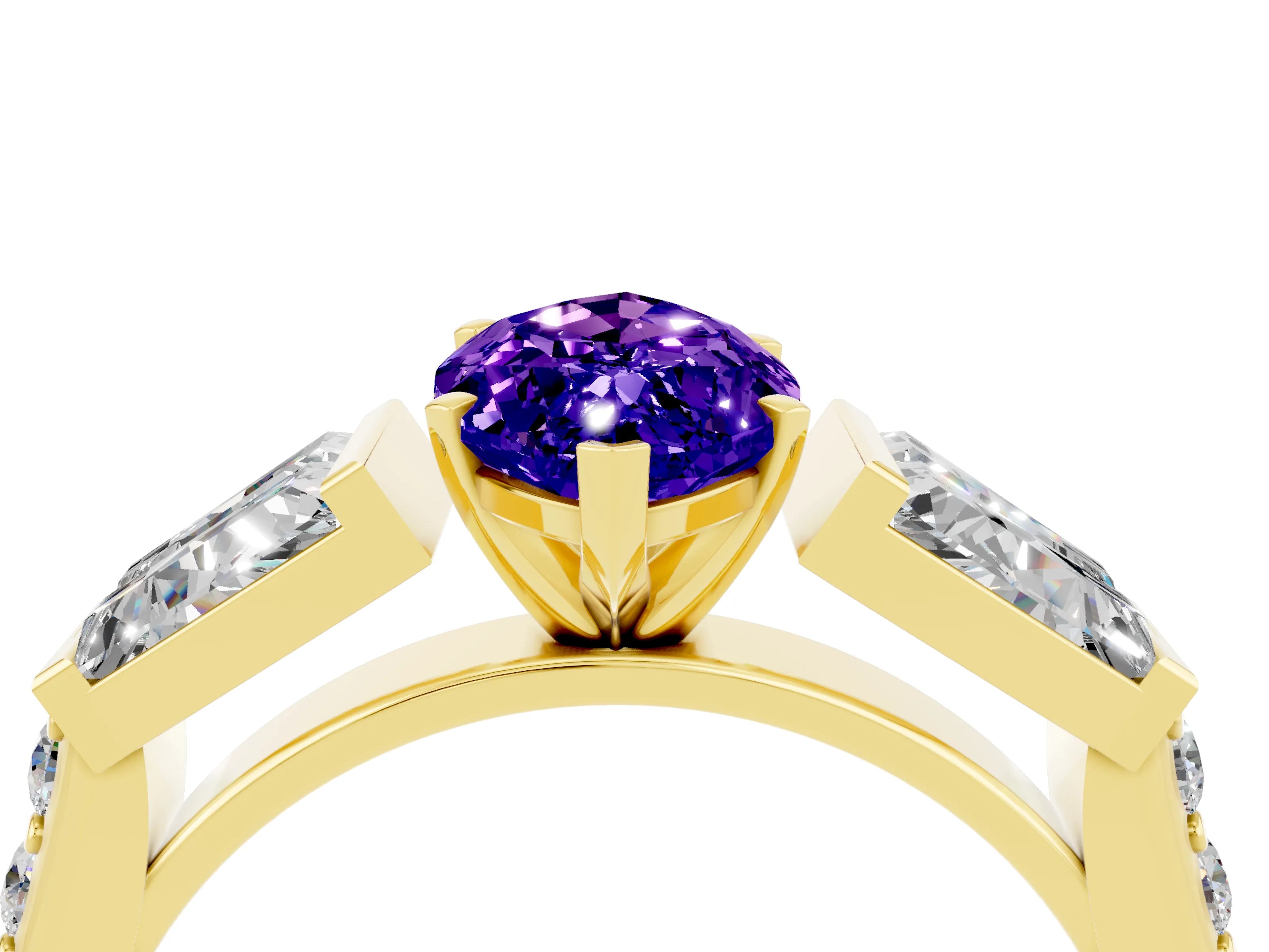 Yellow gold Marquise Cut Tanzanite Engagement Ring with Baguette Side Stones and Channel Set Band_4