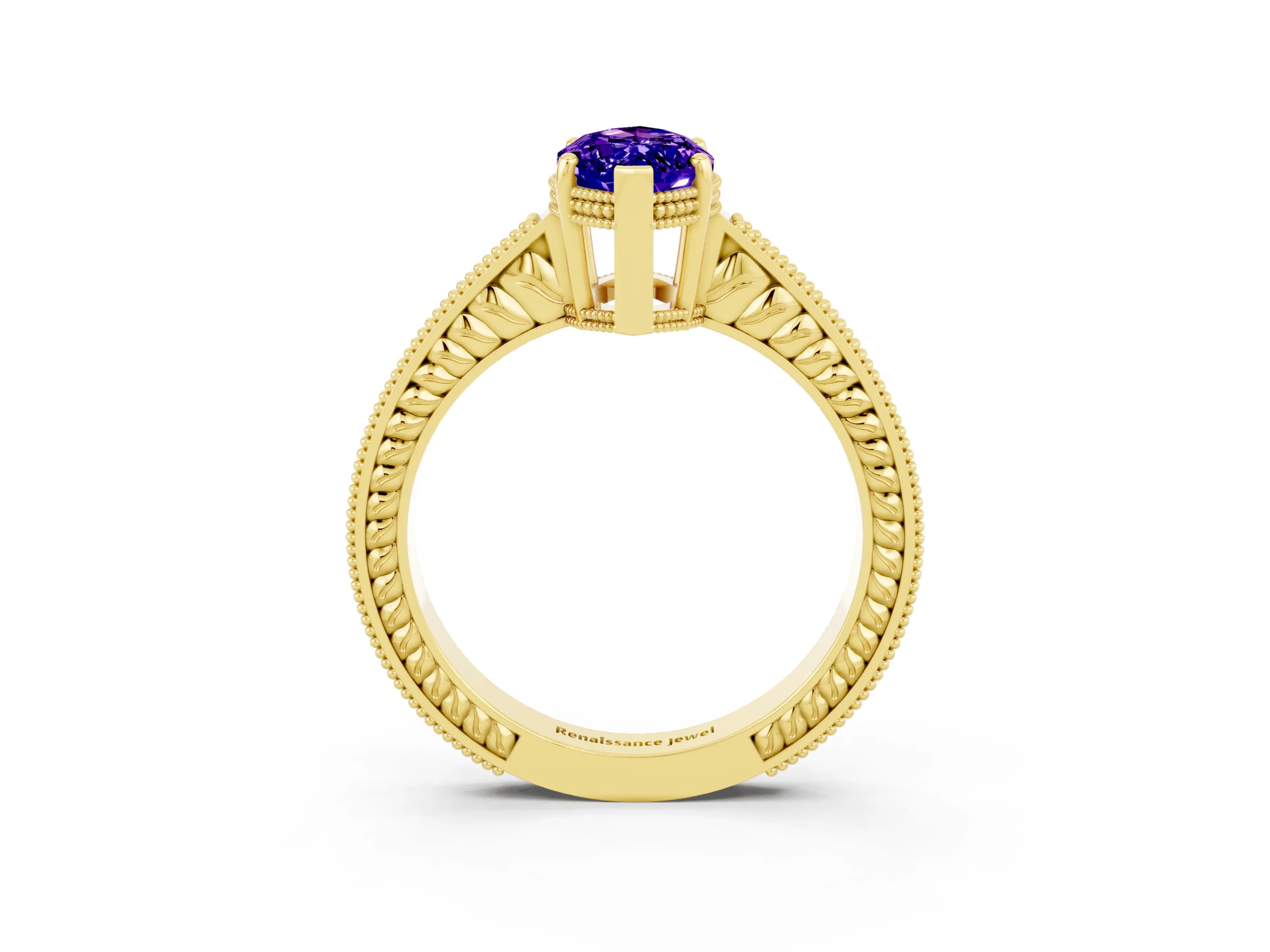 Yellow gold Marquise Cut Tanzanite Engagement Ring with Milgrain Channel Set Band and Prong Setting_3