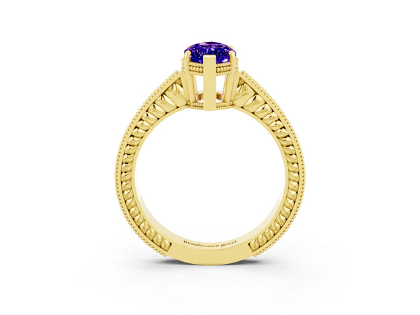 Yellow gold Marquise Cut Tanzanite Engagement Ring with Milgrain Channel Set Band and Prong Setting