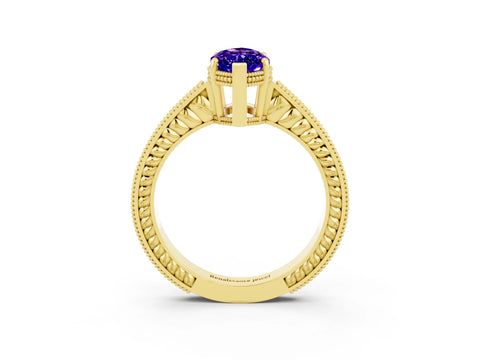 Yellow gold Marquise Cut Tanzanite Engagement Ring with Milgrain Channel Set Band and Prong Setting_3