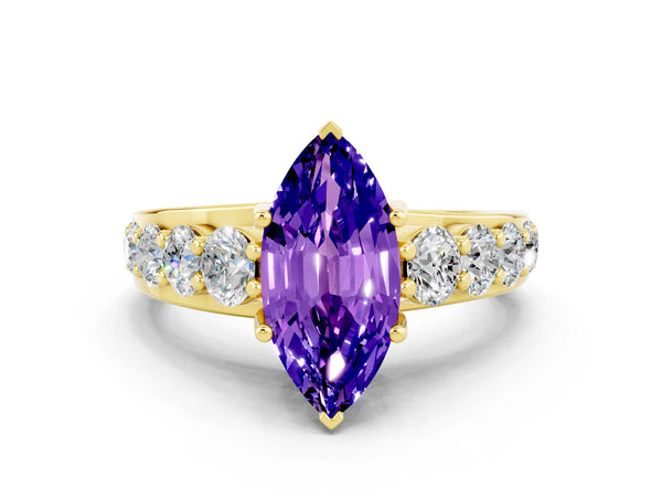 Yellow gold Marquise Cut Tanzanite Engagement Ring with Pavé Band and Four-Prong Setting