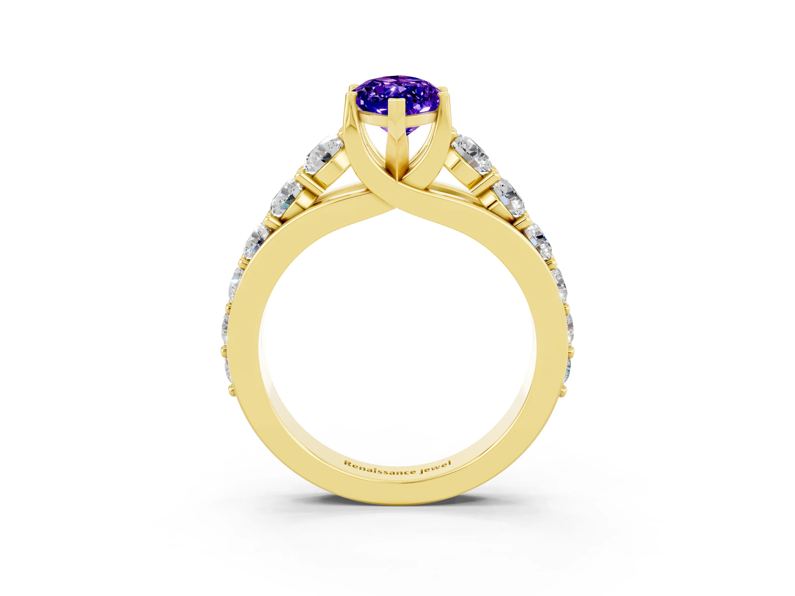 Yellow gold Marquise Cut Tanzanite Engagement Ring with Pavé Band and Four-Prong Setting_3