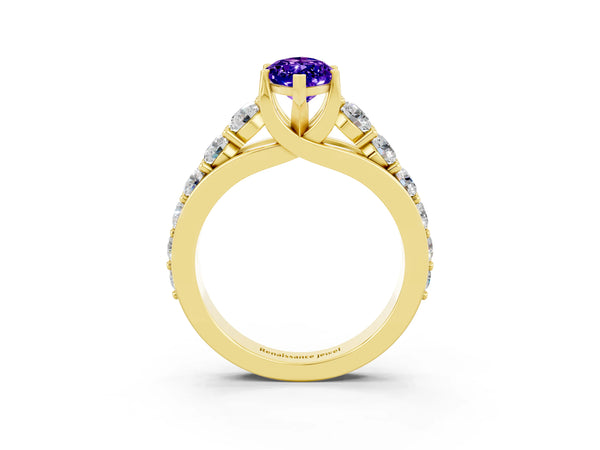 Yellow gold Marquise Cut Tanzanite Engagement Ring with Pavé Band and Four-Prong Setting