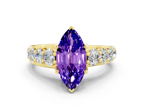 Yellow gold Marquise Cut Tanzanite Engagement Ring with Pavé Band and Four-Prong Setting