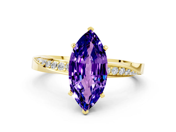 Yellow gold Marquise Cut Tanzanite Engagement Ring with Side Stone Accents and Four-Prong Setting