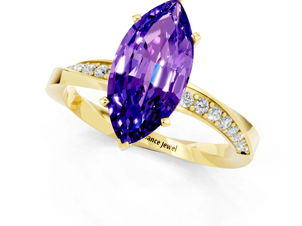 Yellow gold Marquise Cut Tanzanite Engagement Ring with Side Stone Accents and Four-Prong Setting