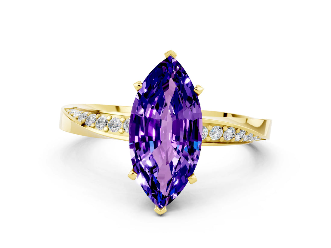 Yellow gold Marquise Cut Tanzanite Engagement Ring with Side Stone Accents and Four-Prong Setting_60