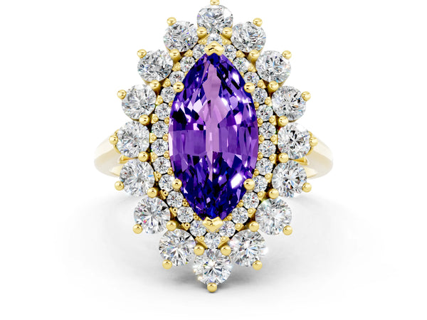 Yellow gold Marquise Cut Tanzanite Floral Double Halo Engagement Ring with Prong Setting