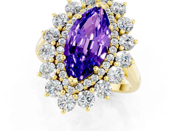 Yellow gold Marquise Cut Tanzanite Floral Double Halo Engagement Ring with Prong Setting