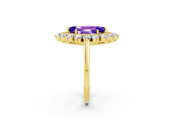 Yellow gold Marquise Cut Tanzanite Floral Double Halo Engagement Ring with Prong Setting