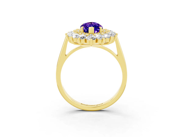 Yellow gold Marquise Cut Tanzanite Floral Double Halo Engagement Ring with Prong Setting