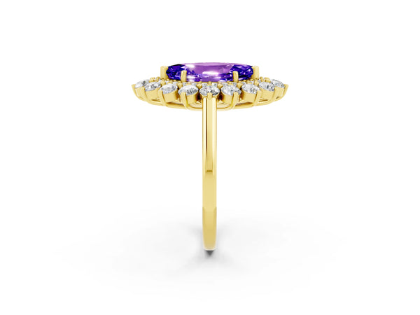Yellow gold Marquise Cut Tanzanite Floral Double Halo Engagement Ring with Prong Setting