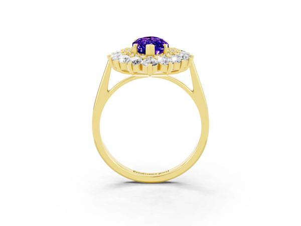 Yellow gold Marquise Cut Tanzanite Floral Double Halo Engagement Ring with Prong Setting