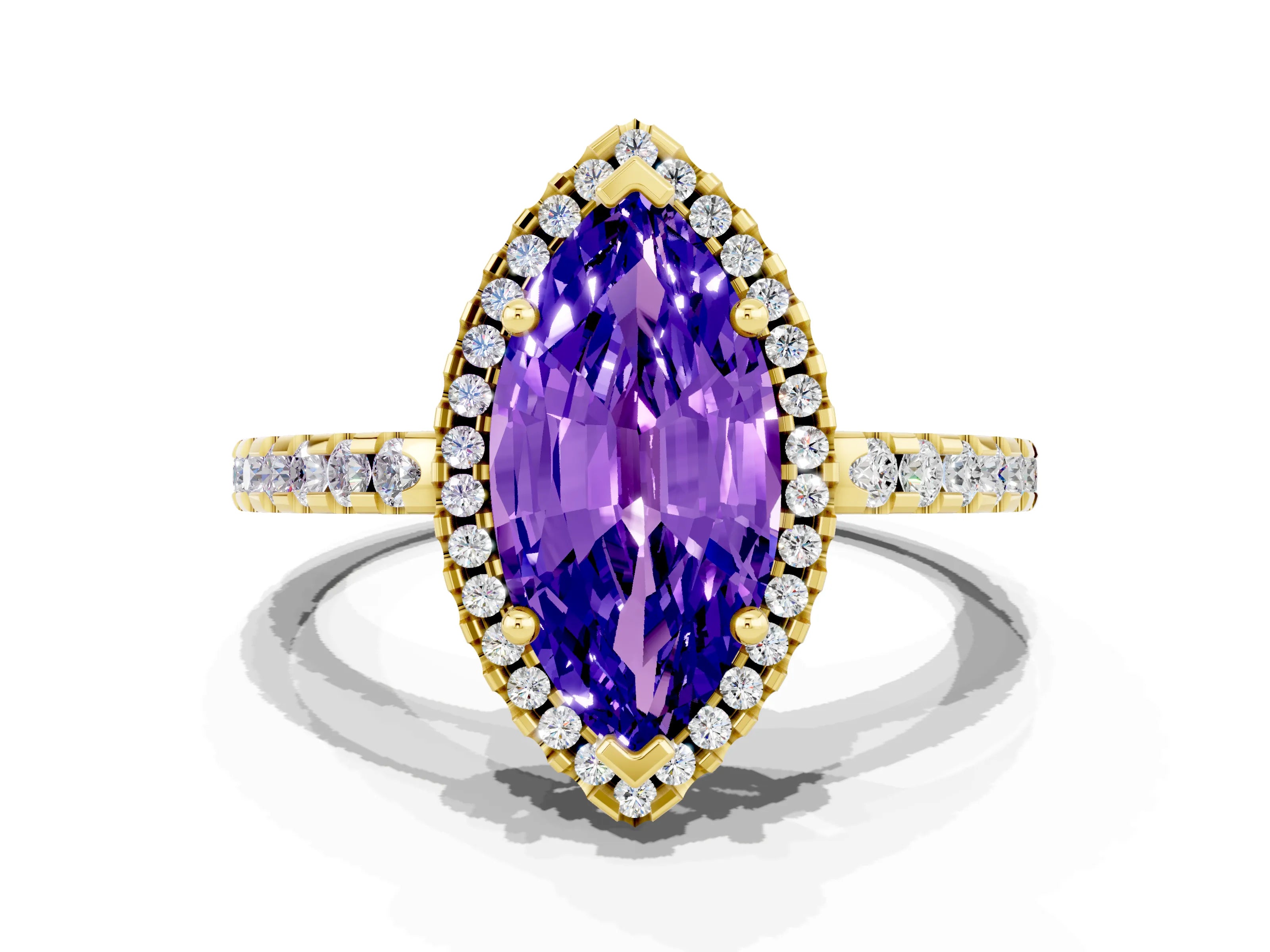 Yellow gold Marquise Cut Tanzanite Halo Engagement Ring with Pavé Band and Prong Setting_12