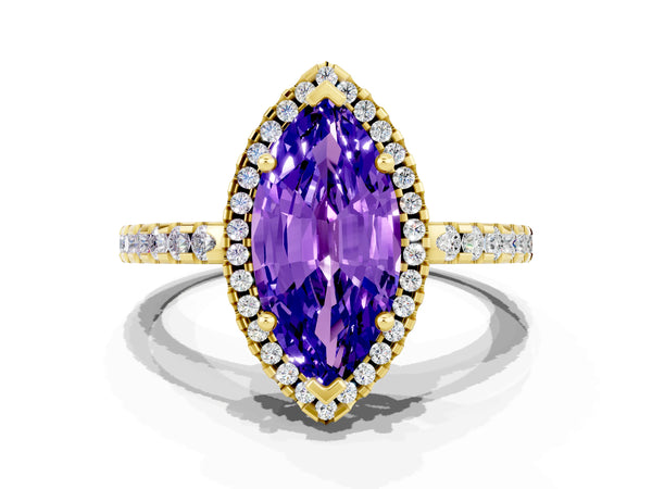 Yellow gold Marquise Cut Tanzanite Halo Engagement Ring with Pavé Band and Prong Setting