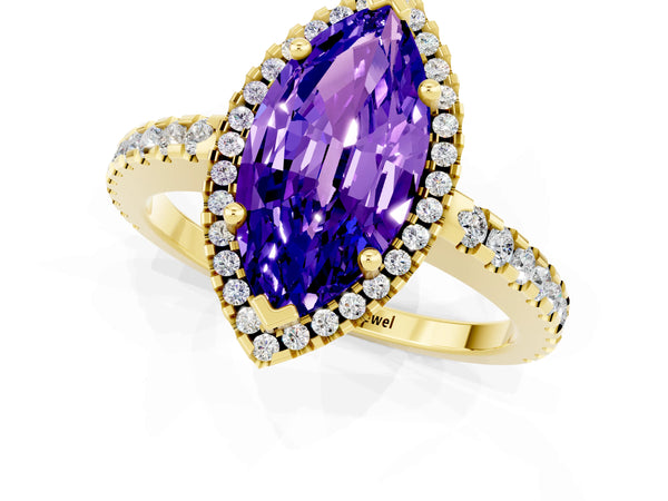 Yellow gold Marquise Cut Tanzanite Halo Engagement Ring with Pavé Band and Prong Setting