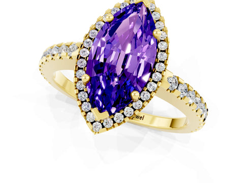 Yellow gold Marquise Cut Tanzanite Halo Engagement Ring with Pavé Band and Prong Setting_13