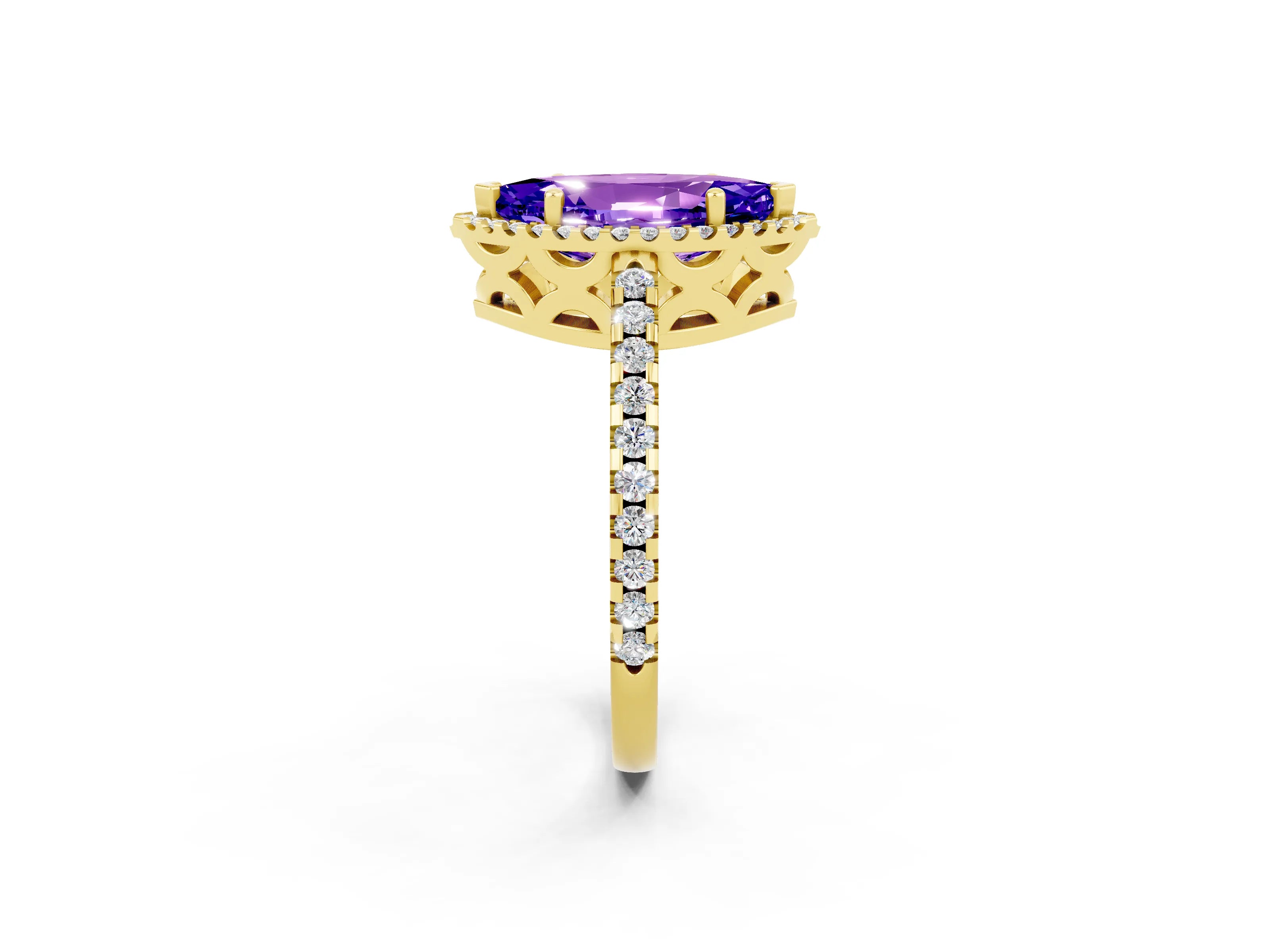 Yellow gold Marquise Cut Tanzanite Halo Engagement Ring with Pavé Band and Prong Setting_14
