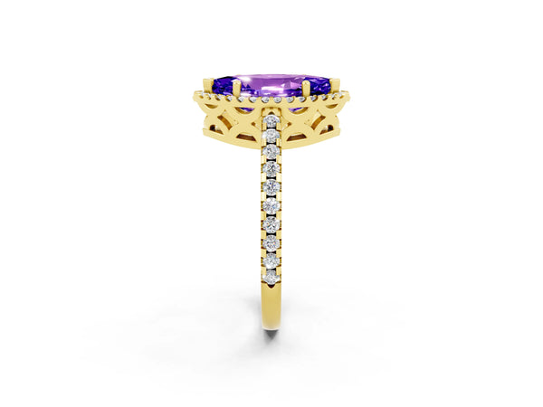 Yellow gold Marquise Cut Tanzanite Halo Engagement Ring with Pavé Band and Prong Setting