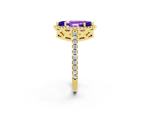 Yellow gold Marquise Cut Tanzanite Halo Engagement Ring with Pavé Band and Prong Setting_14