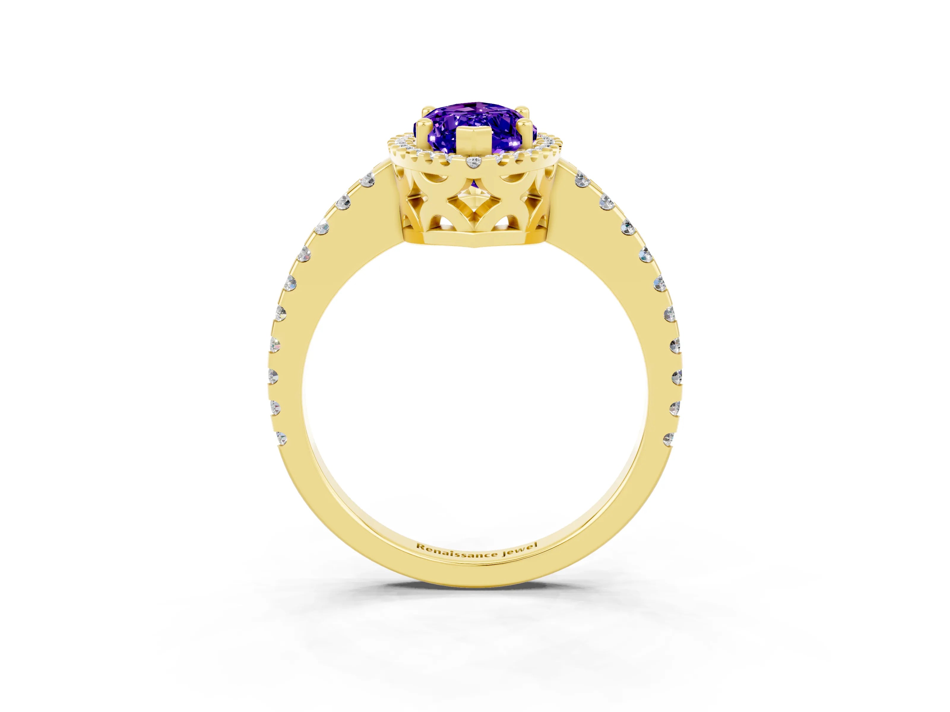 Yellow gold Marquise Cut Tanzanite Halo Engagement Ring with Pavé Band and Prong Setting_15