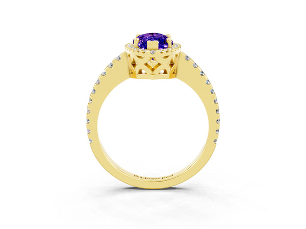 Yellow gold Marquise Cut Tanzanite Halo Engagement Ring with Pavé Band and Prong Setting