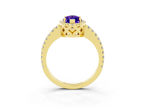 Yellow gold Marquise Cut Tanzanite Halo Engagement Ring with Pavé Band and Prong Setting_15