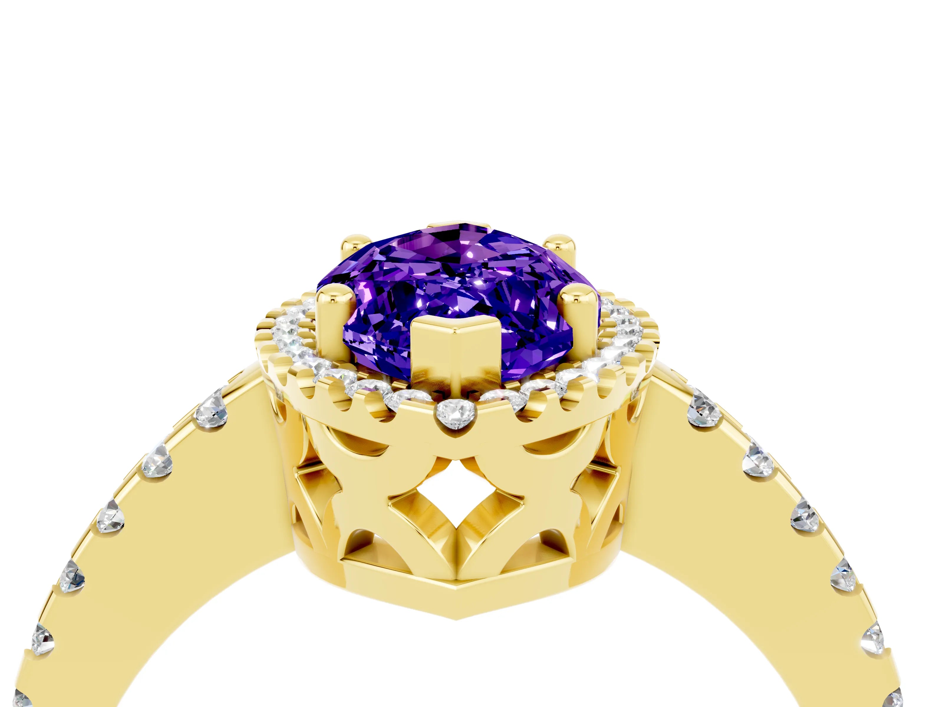 Yellow gold Marquise Cut Tanzanite Halo Engagement Ring with Pavé Band and Prong Setting_16