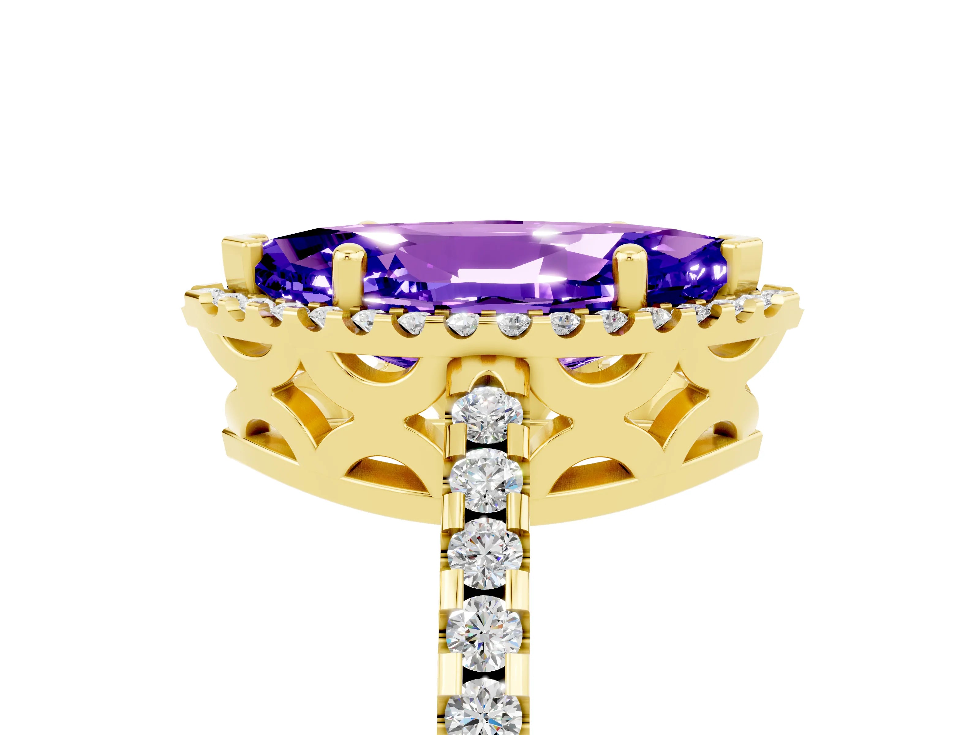 Yellow gold Marquise Cut Tanzanite Halo Engagement Ring with Pavé Band and Prong Setting_17
