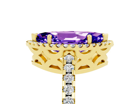 Yellow gold Marquise Cut Tanzanite Halo Engagement Ring with Pavé Band and Prong Setting_17