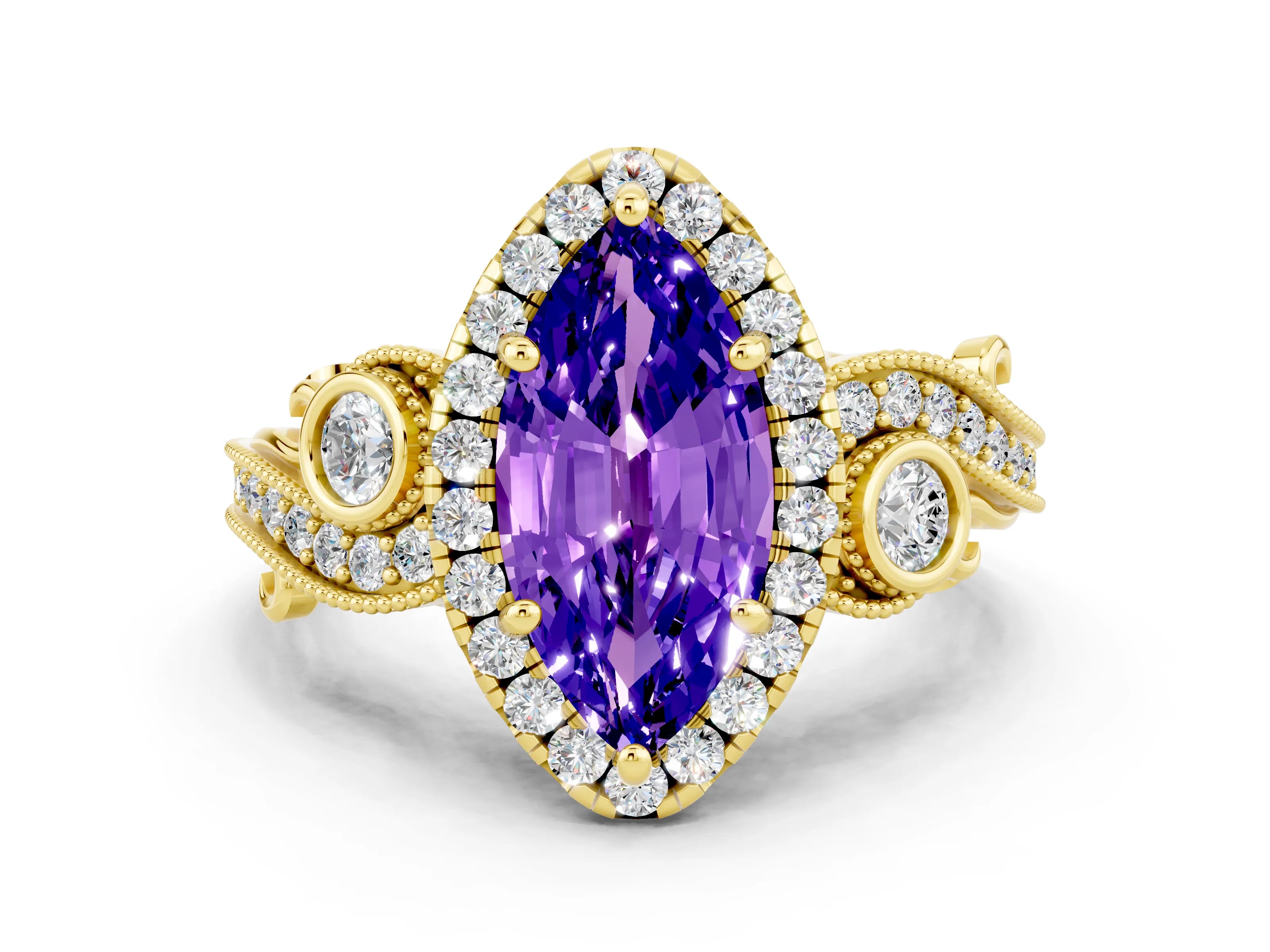Yellow gold Marquise Cut Tanzanite Halo Ring with Milgrain Pavé Band and Four-Prong Setting_12