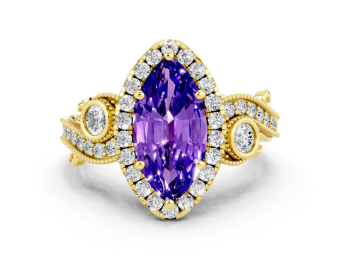 Yellow gold Marquise Cut Tanzanite Halo Ring with Milgrain Pavé Band and Four-Prong Setting_12