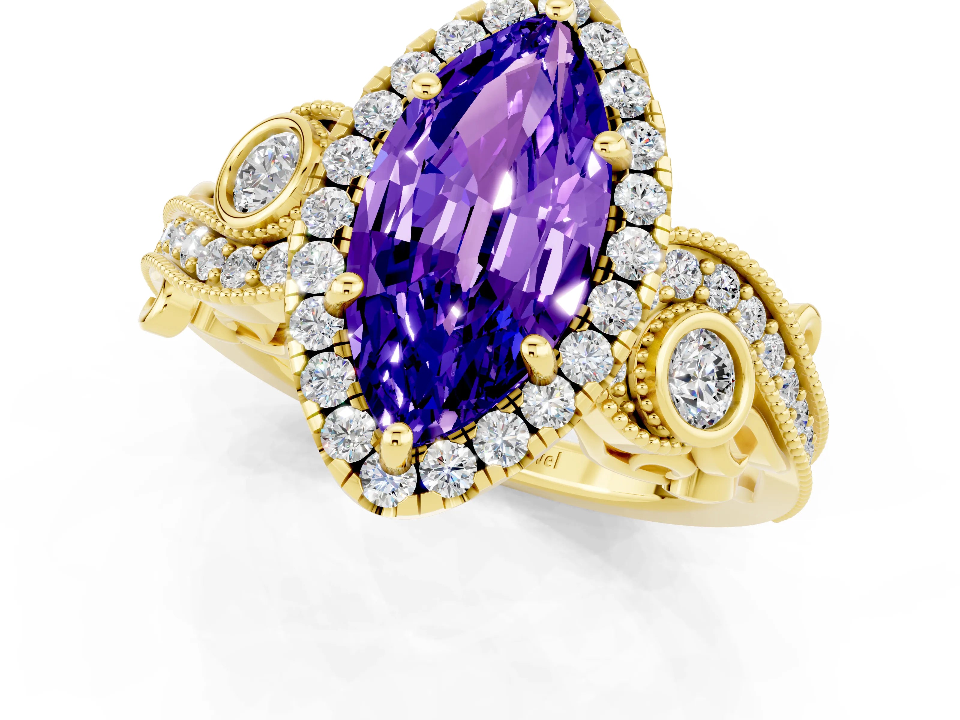 Yellow gold Marquise Cut Tanzanite Halo Ring with Milgrain Pavé Band and Four-Prong Setting_13