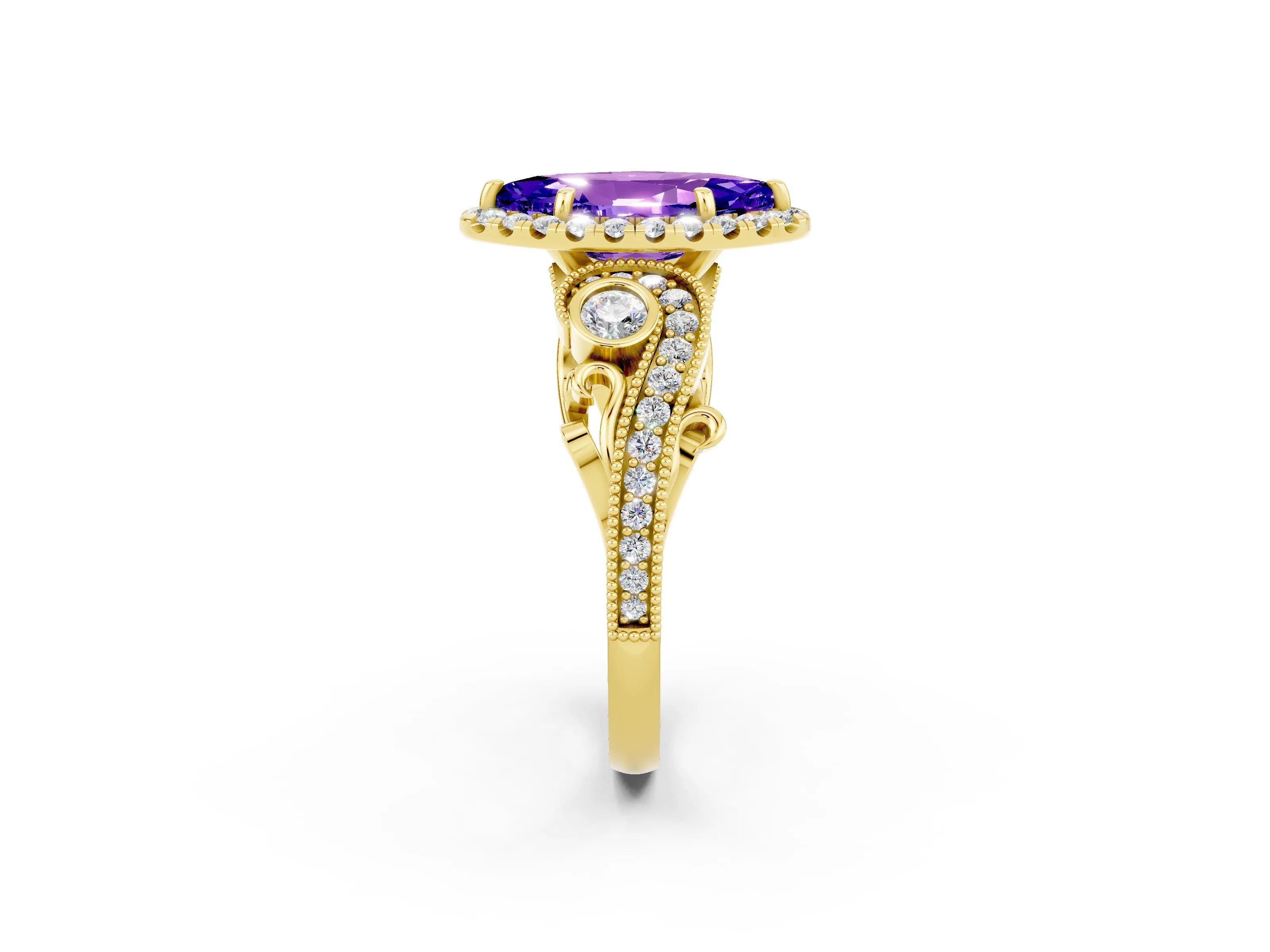 Yellow gold Marquise Cut Tanzanite Halo Ring with Milgrain Pavé Band and Four-Prong Setting_14