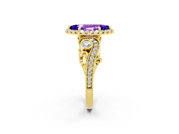 Yellow gold Marquise Cut Tanzanite Halo Ring with Milgrain Pavé Band and Four-Prong Setting