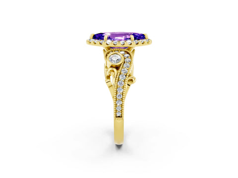 Yellow gold Marquise Cut Tanzanite Halo Ring with Milgrain Pavé Band and Four-Prong Setting_14