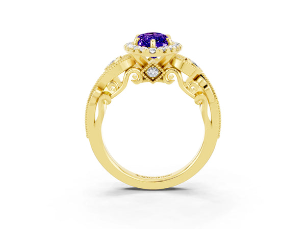 Yellow gold Marquise Cut Tanzanite Halo Ring with Milgrain Pavé Band and Four-Prong Setting