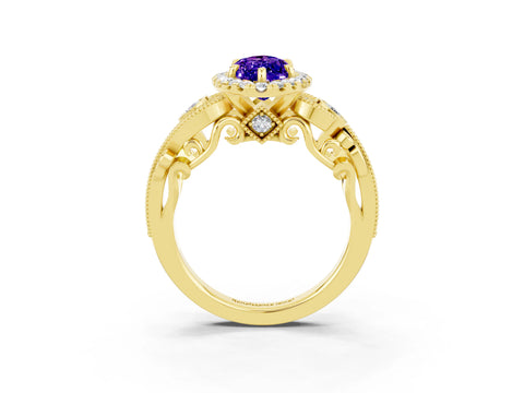 Yellow gold Marquise Cut Tanzanite Halo Ring with Milgrain Pavé Band and Four-Prong Setting_15