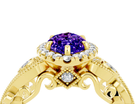 Yellow gold Marquise Cut Tanzanite Halo Ring with Milgrain Pavé Band and Four-Prong Setting_16