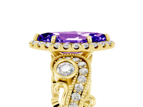 Yellow gold Marquise Cut Tanzanite Halo Ring with Milgrain Pavé Band and Four-Prong Setting_17