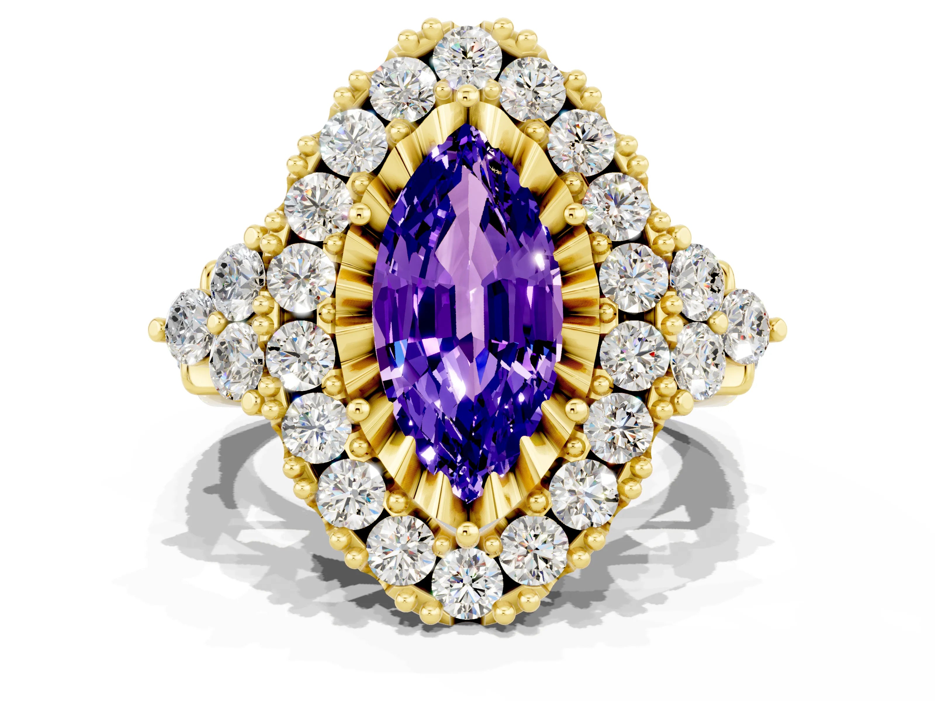 Yellow gold Marquise Cut Tanzanite Halo Ring with Pavé Band and Four-Prong Setting_12