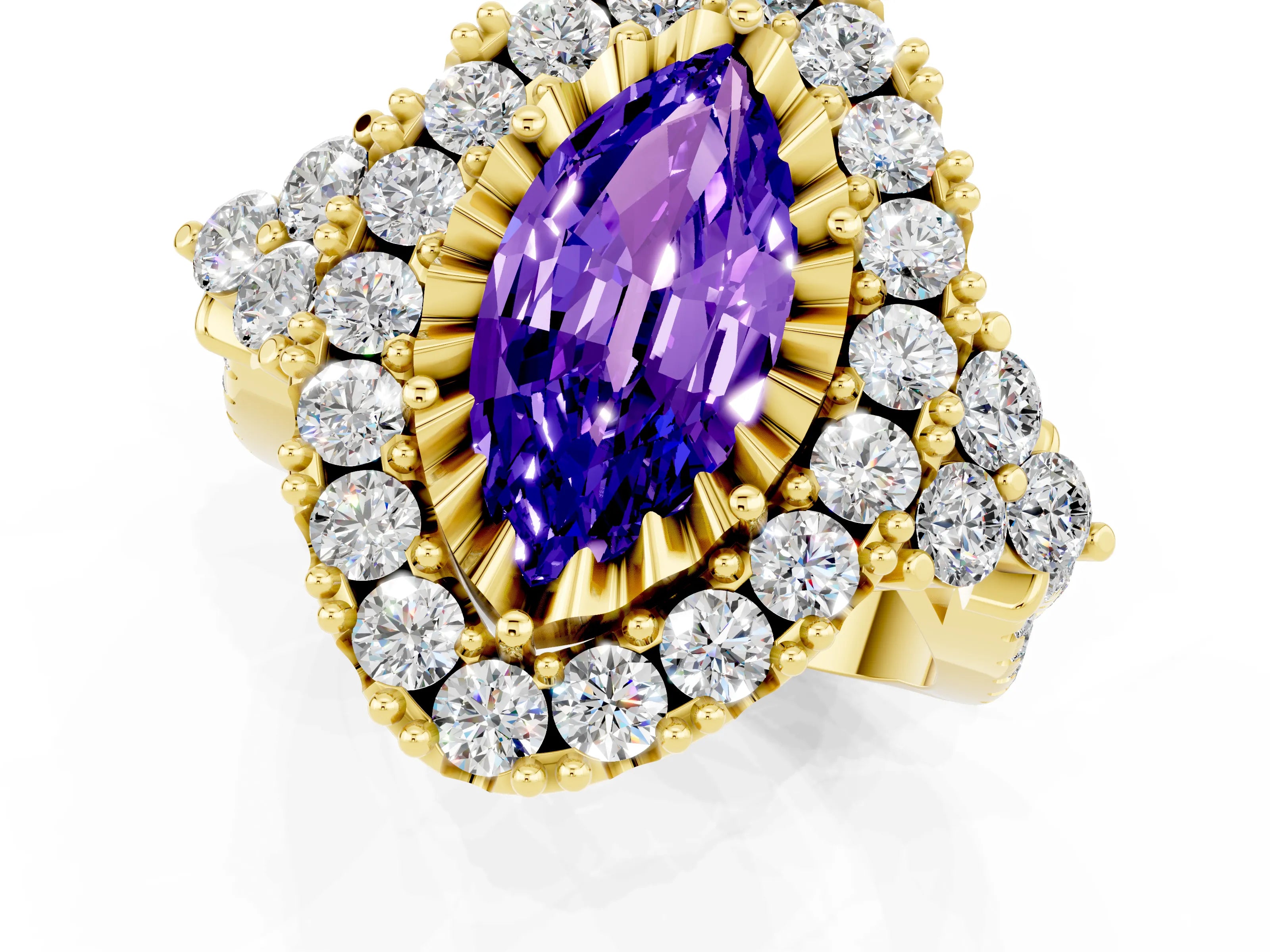 Yellow gold Marquise Cut Tanzanite Halo Ring with Pavé Band and Four-Prong Setting_13