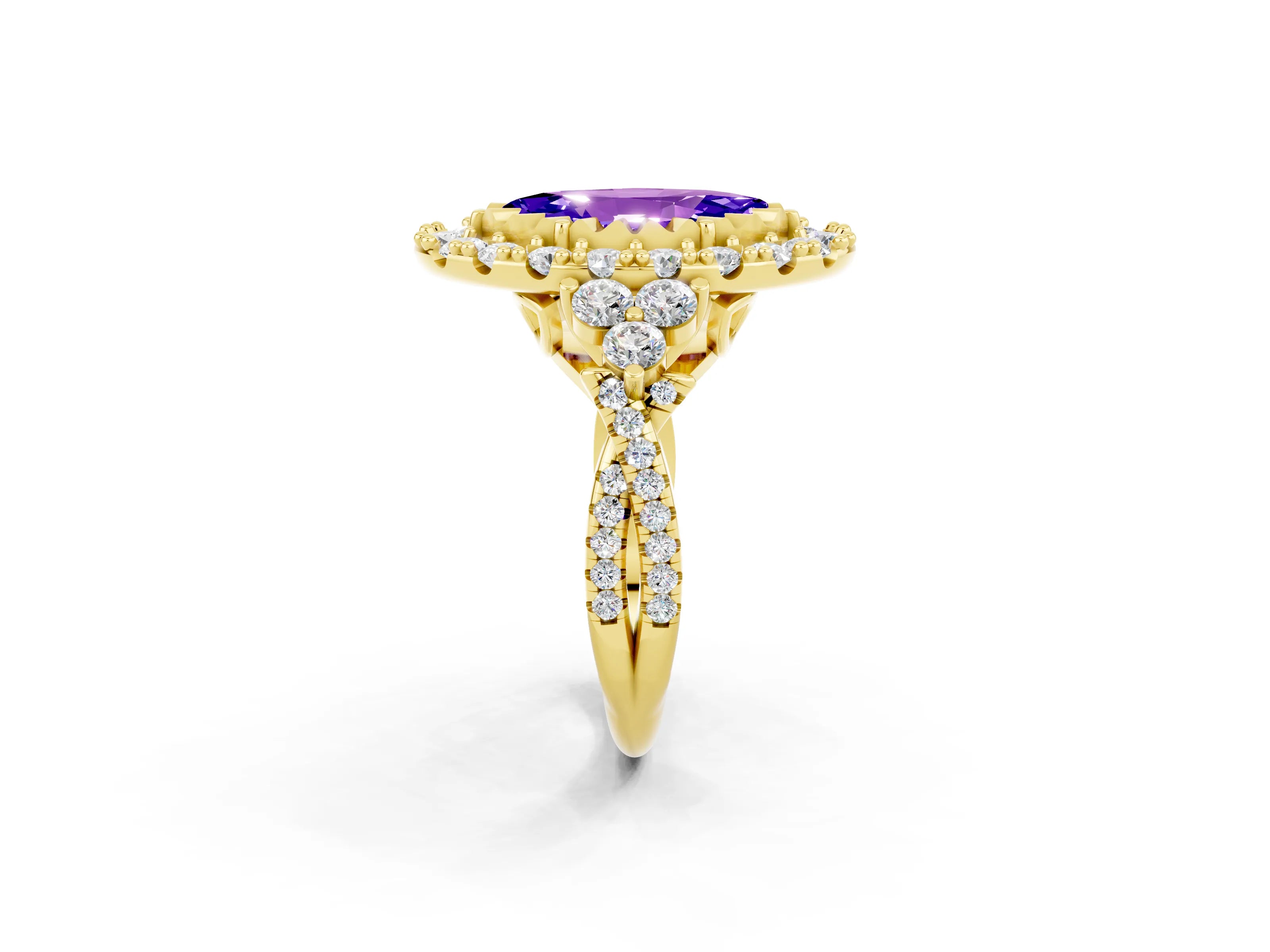 Yellow gold Marquise Cut Tanzanite Halo Ring with Pavé Band and Four-Prong Setting_14