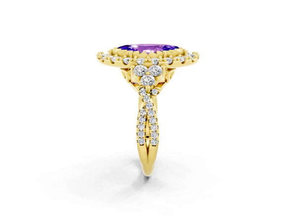 Yellow gold Marquise Cut Tanzanite Halo Ring with Pavé Band and Four-Prong Setting