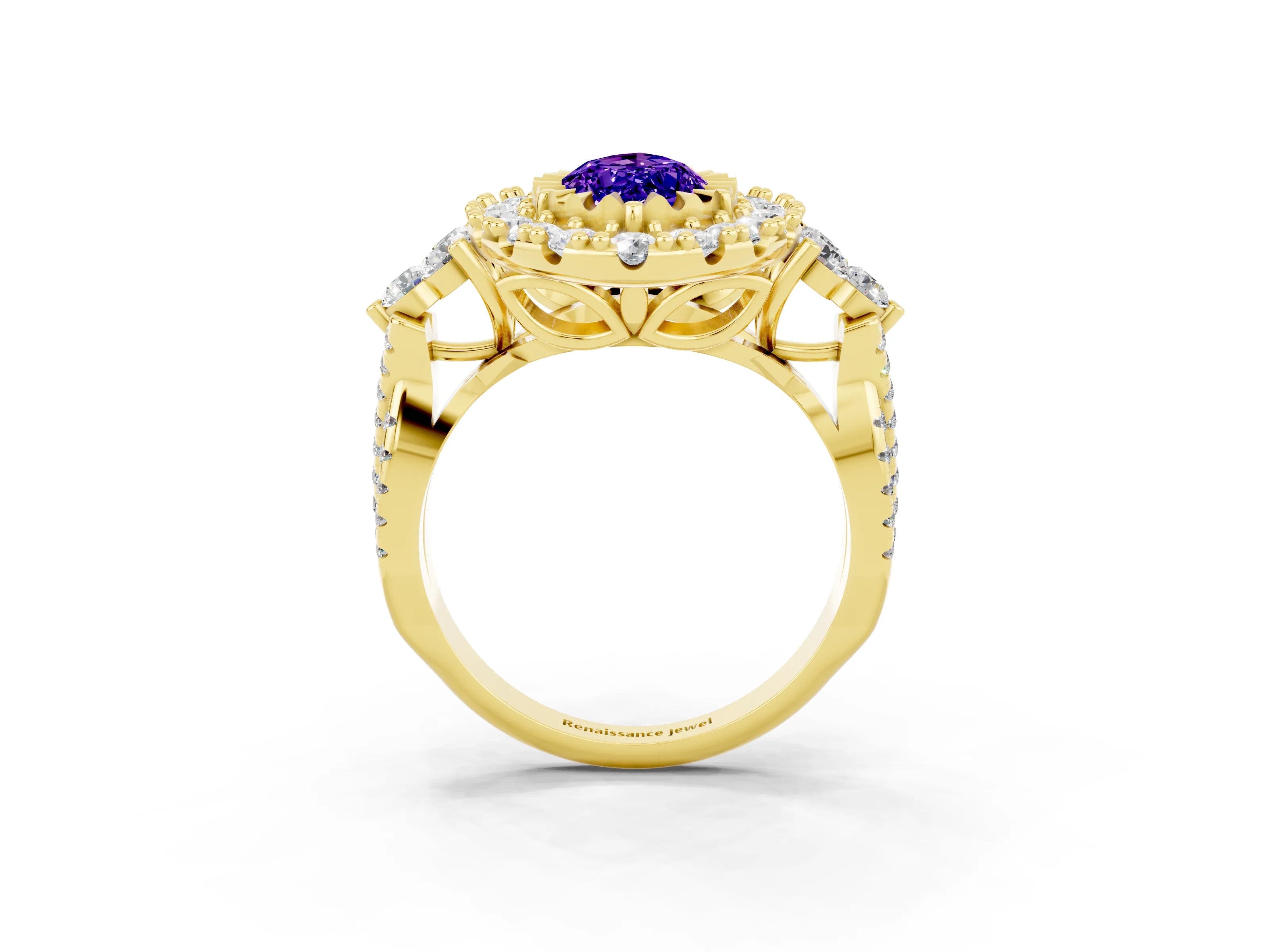Yellow gold Marquise Cut Tanzanite Halo Ring with Pavé Band and Four-Prong Setting_15