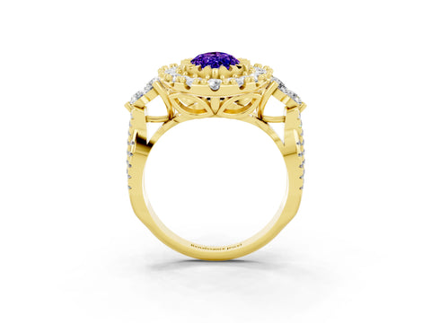 Yellow gold Marquise Cut Tanzanite Halo Ring with Pavé Band and Four-Prong Setting_15