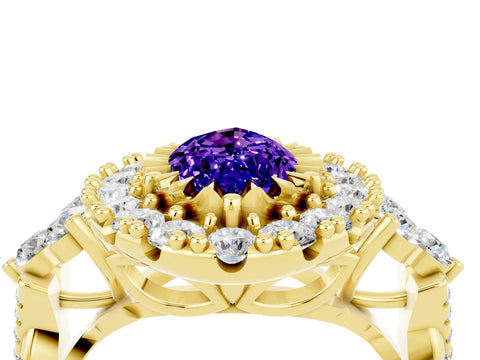 Yellow gold Marquise Cut Tanzanite Halo Ring with Pavé Band and Four-Prong Setting_16