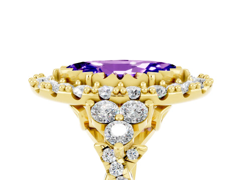 Yellow gold Marquise Cut Tanzanite Halo Ring with Pavé Band and Four-Prong Setting_17