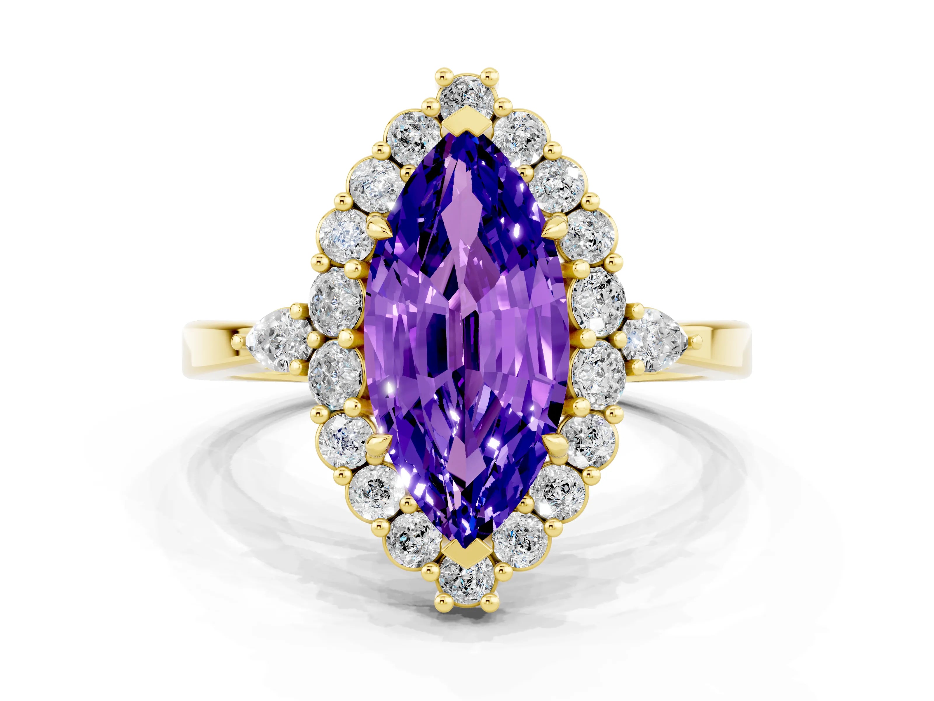 Yellow gold Marquise Cut Tanzanite Halo Ring with Pear Side Stones and Prong Setting_12