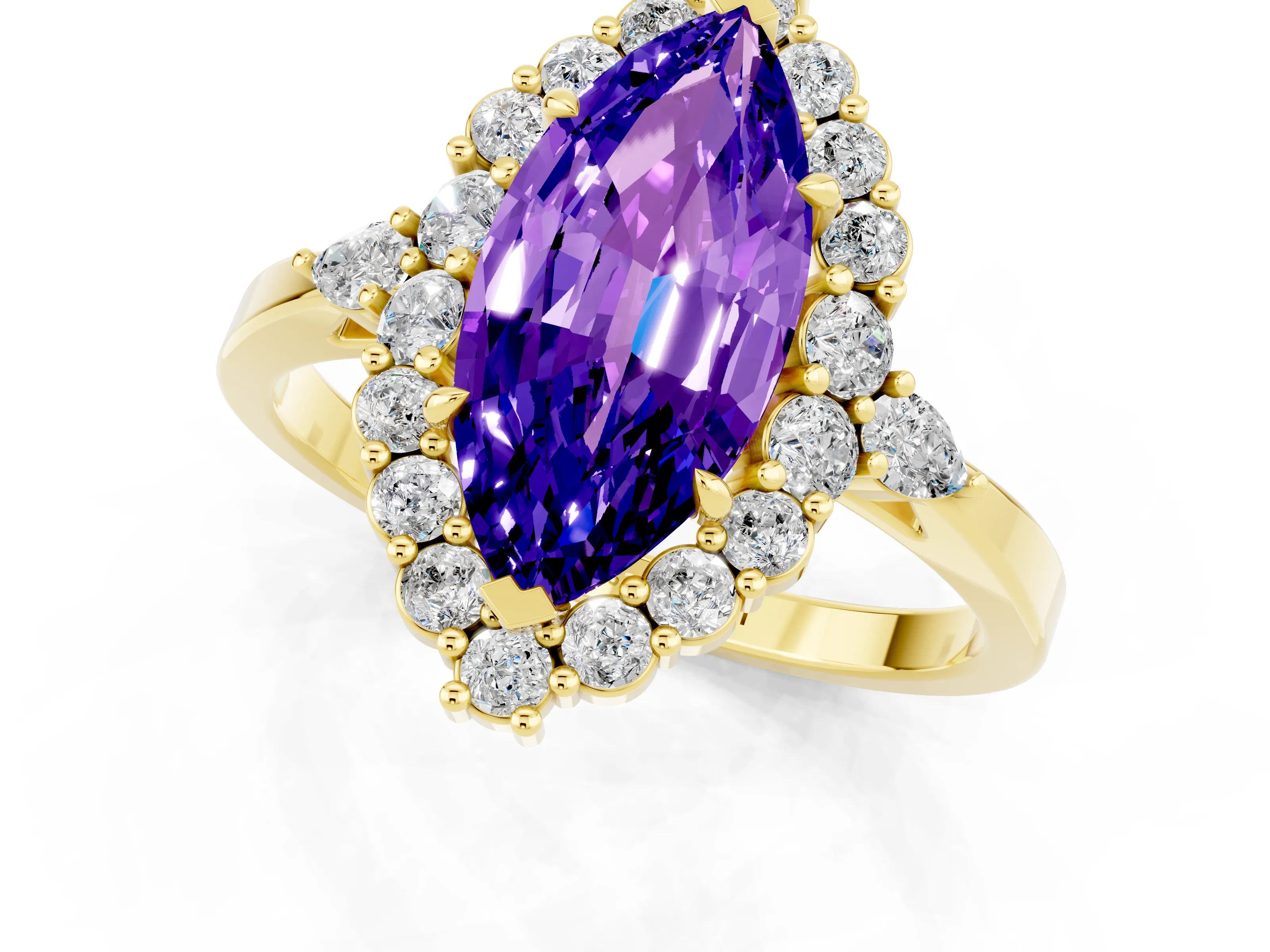 Yellow gold Marquise Cut Tanzanite Halo Ring with Pear Side Stones and Prong Setting_13
